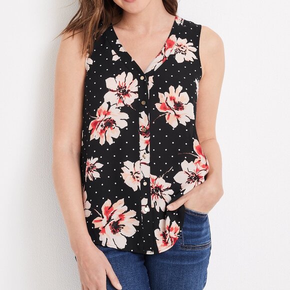 BOGO NWT Maurices Madison Black/Pink Floral Button Down Tank Top Size Large - Picture 1 of 6